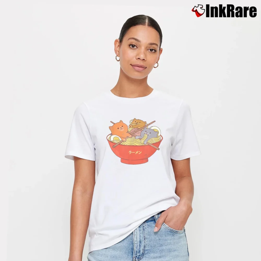 Women’s Kawaii Anime Cat Japanese Ramen Noodles Gift Signature T-Shirt in white | Soft, Flattering Fit