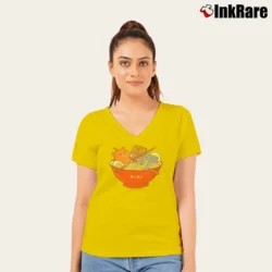 Women’s Kawaii Anime Cat Japanese Ramen Noodles Gift V-Neck Tee in yellow | Chic Neckline, Soft Texture