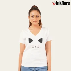 Women’s Kawaii Cat Kitten Graphic Gift V-Neck Tee in white | Chic Neckline, Soft Texture