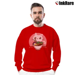 Men’s Kawaii Japanese Ramen Noodles Anime Cat Lover Gift Crewneck Sweatshirt in red | Cozy Fabric, Clean Style