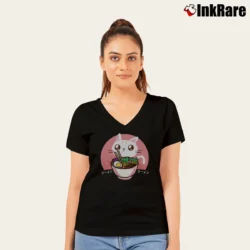 Women’s Kawaii Japanese Ramen Noodles Anime Cat Lover Gift V-Neck Tee in black | Chic Neckline, Soft Texture