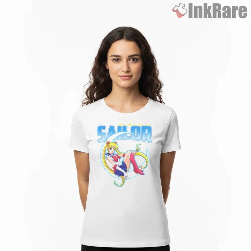 Kawaii Sailor Moon Sitting On Moon Anime Shirt on white short sleeve shirt for women graphic tee