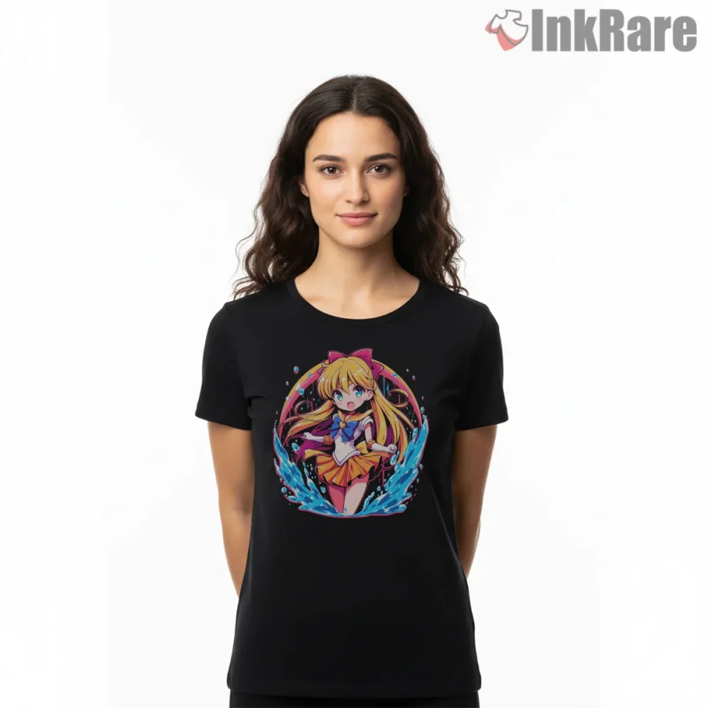 Kawaii Sailor Venus Water Splash Anime Shirt on black short sleeve shirt for women graphic tee