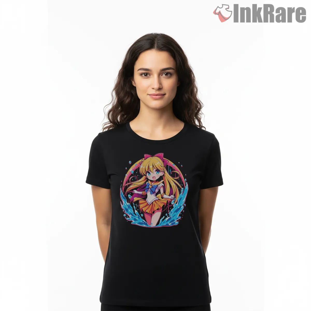 Kawaii Sailor Venus Water Splash Anime Short Sleeve Black Kawaii Sailor Venus Water Splash Anime Shirt on black short sleeve shirt for women graphic tee