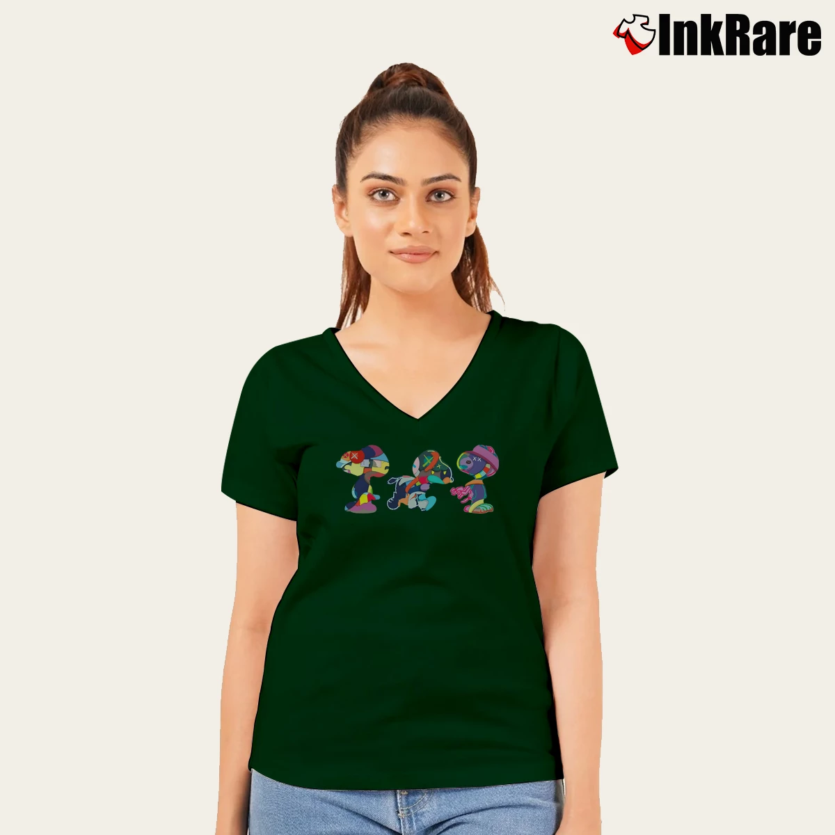 Kaws Snoopy Set Women’s V-Neck Tee in forest green – Flattering Fit Women’s Kaws Snoopy Set V-Neck Tee in forest green | Chic Neckline, Soft Texture