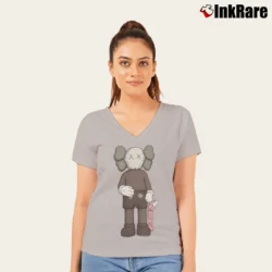 Women’s Kaws Uniqlo Companion SS19 Pink V-Neck Tee in sport grey | Chic Neckline, Soft Texture