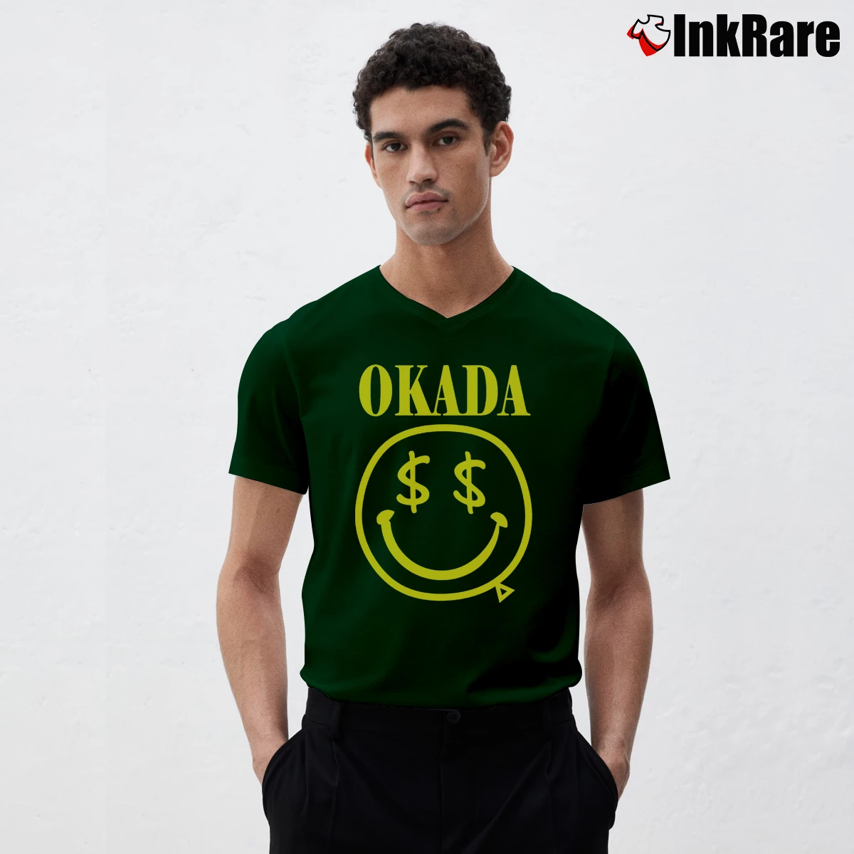 Kazuchika Okada Nirvana Parody Men’s V-Neck Tee in forest green – Modern Essential Men’s Kazuchika Okada Nirvana Parody V-Neck Tee in forest green | Sharp, Breathable, Everyday Staple