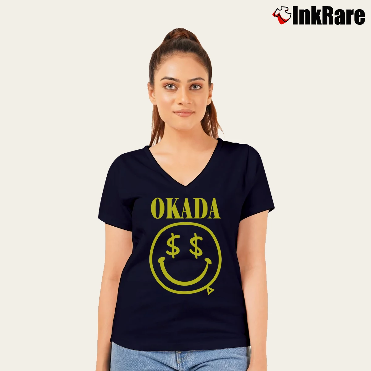 Kazuchika Okada Nirvana Parody Women’s V-Neck Tee in navy – Flattering Fit Women’s Kazuchika Okada Nirvana Parody V-Neck Tee in navy | Chic Neckline, Soft Texture