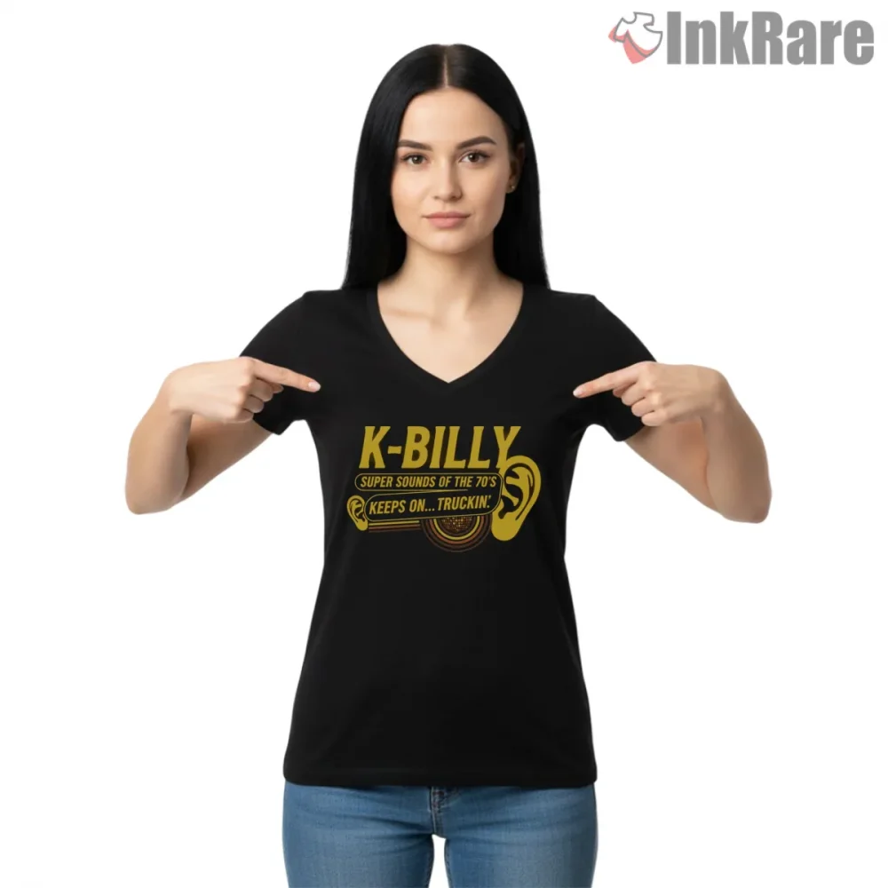 Kbilly Super Sounds Retro Radio Kill Bill Shirt on black v-neck shirt for women graphic tee