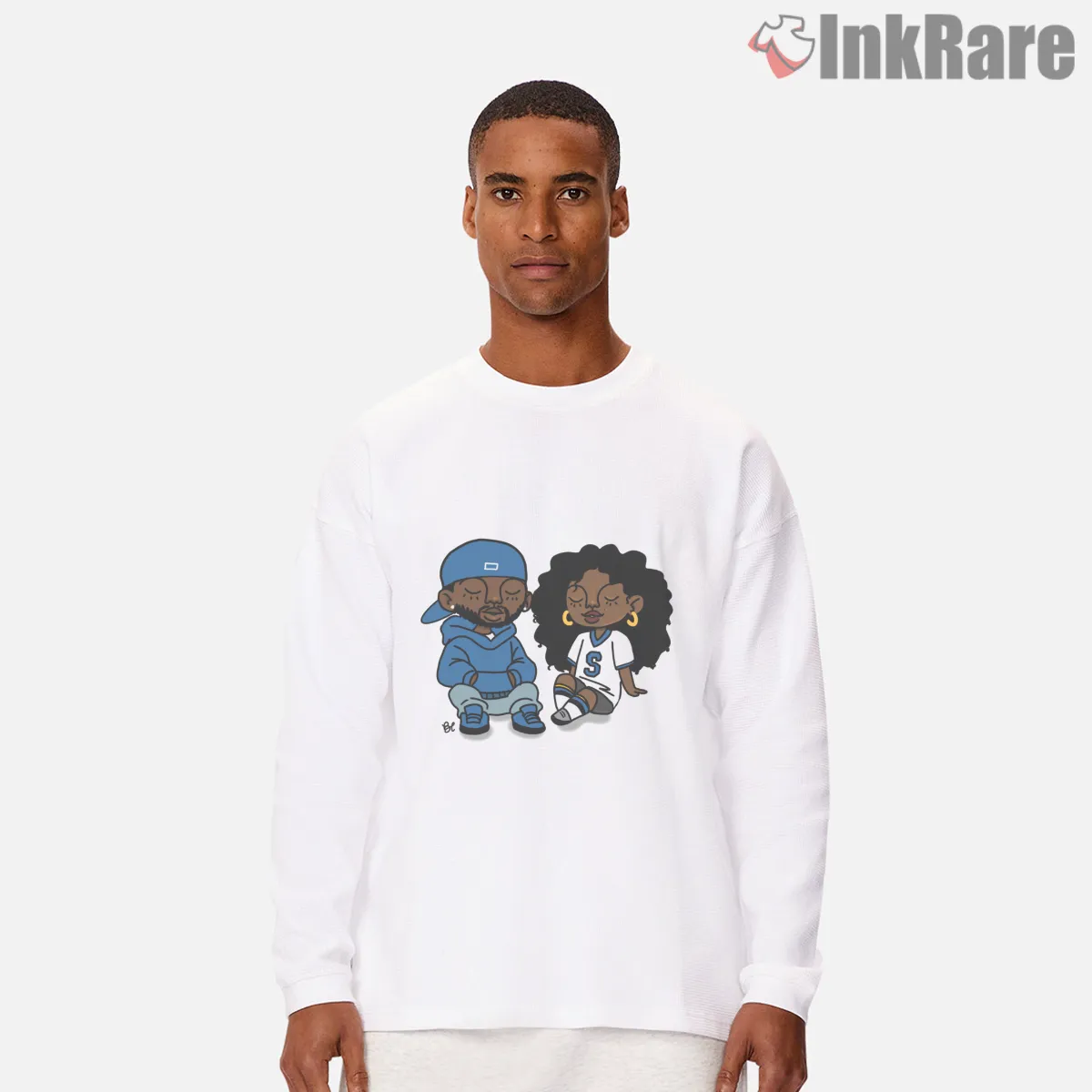 Kdot And Solana Cute Cartoon Couple Blue Hoodie Long Sleeve White Kdot And Solana Cute Cartoon Couple Blue Hoodie Shirt on white long sleeve shirt for men graphic tee