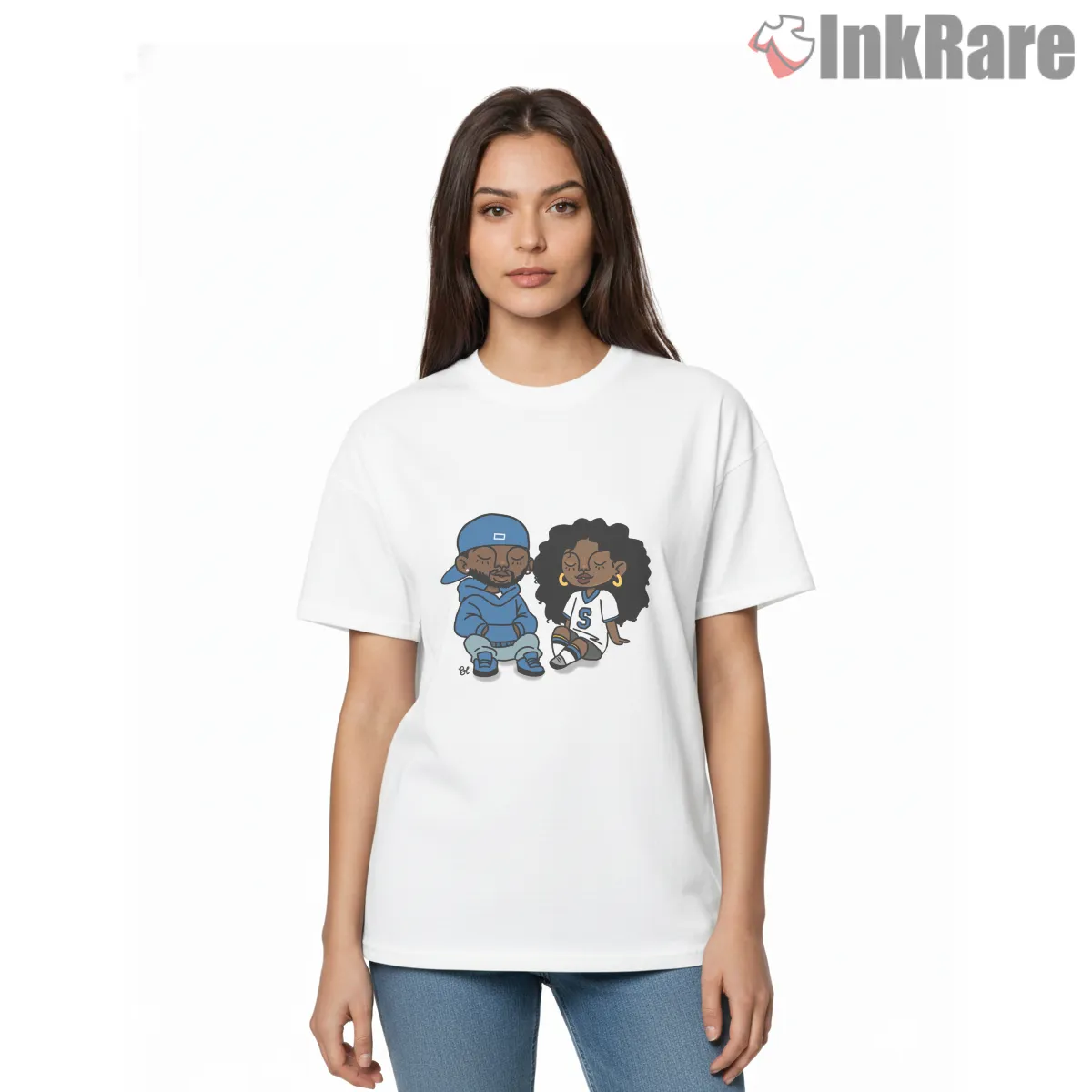 Kdot And Solana Cute Cartoon Couple Blue Hoodie Short Sleeve White Kdot And Solana Cute Cartoon Couple Blue Hoodie Shirt on white short sleeve shirt for women graphic tee