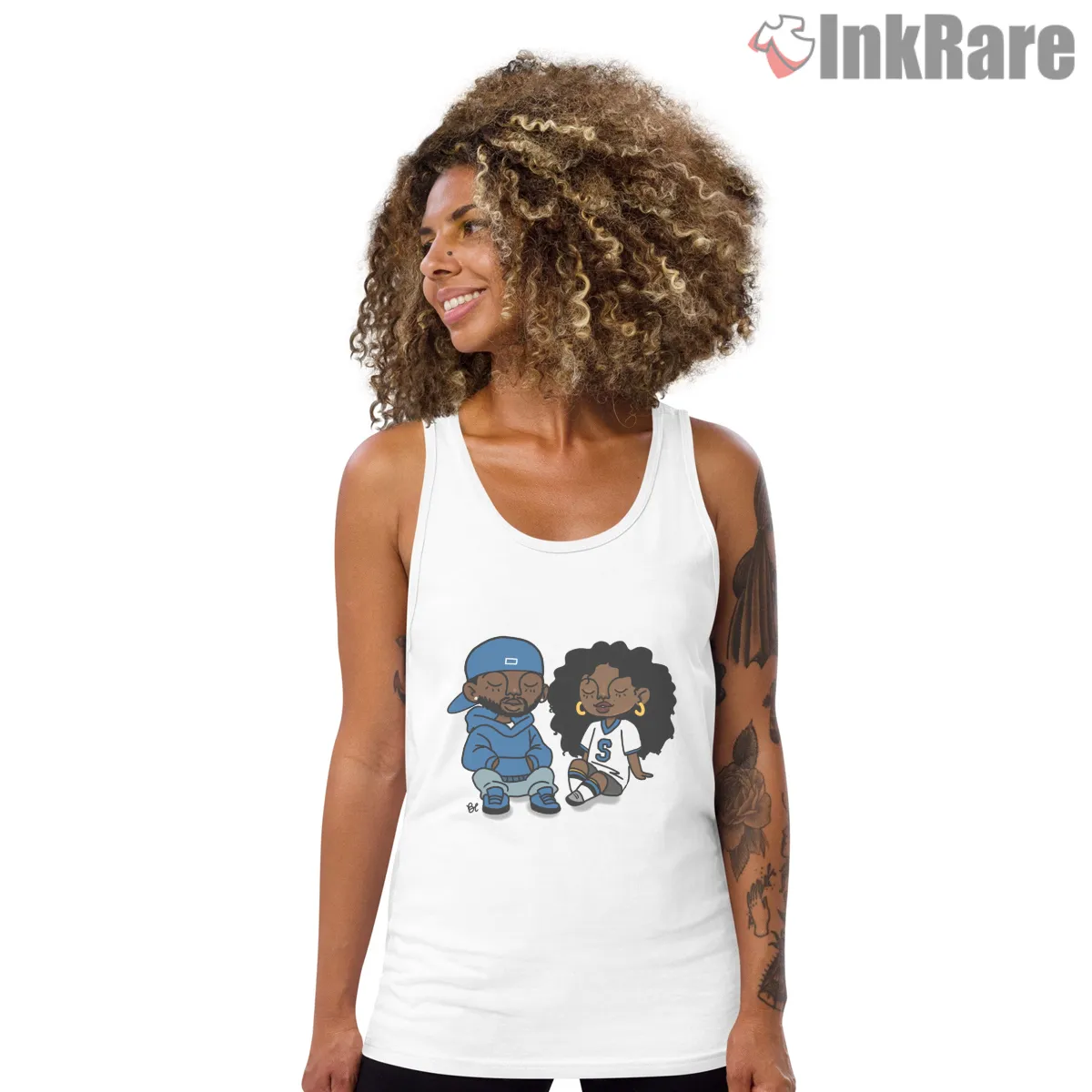 Kdot And Solana Cute Cartoon Couple Blue Hoodie Tank Top White Kdot And Solana Cute Cartoon Couple Blue Hoodie Shirt on white tank top for women graphic tee
