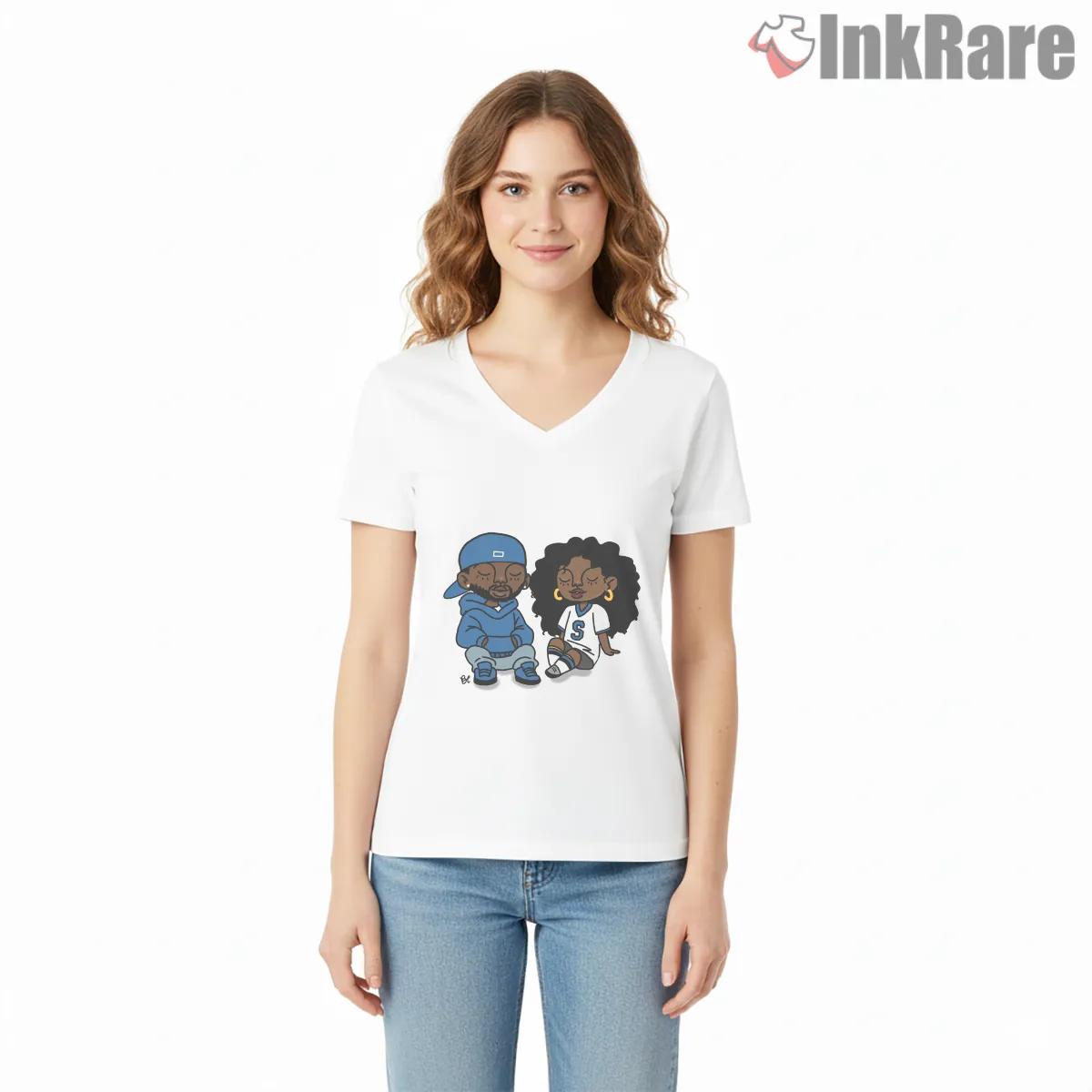 Kdot And Solana Cute Cartoon Couple Blue Hoodie V Neck White Kdot And Solana Cute Cartoon Couple Blue Hoodie Shirt on white v-neck shirt for women graphic tee