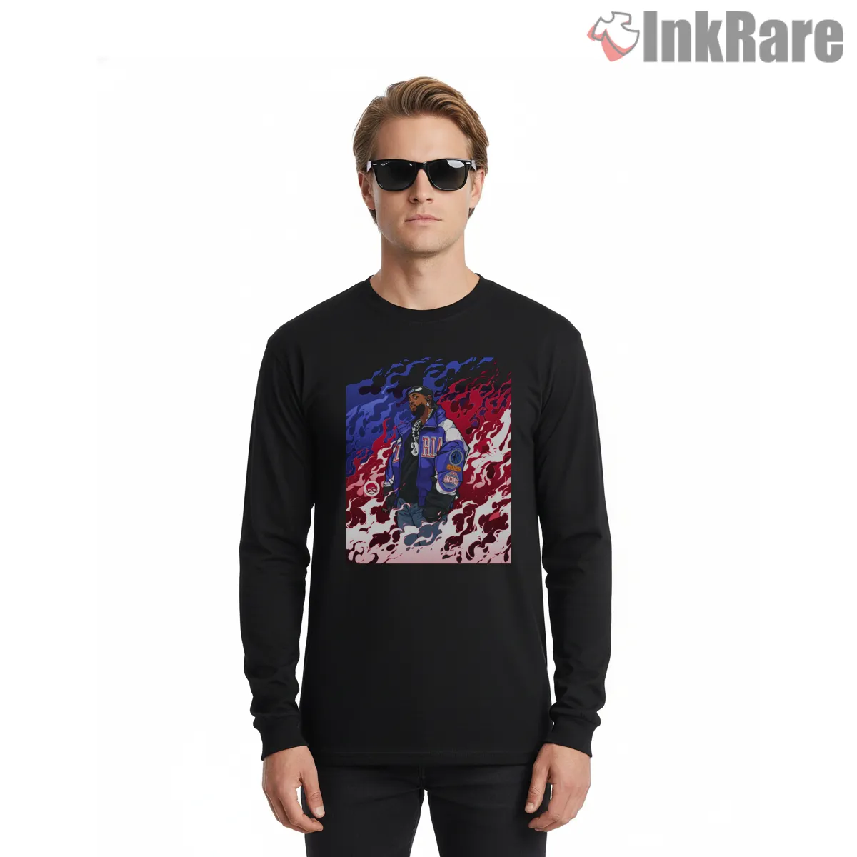 Kdot Fiery Jacket Street Pose Illustration Long Sleeve Black Kdot Fiery Jacket Street Pose Illustration Shirt on black long sleeve shirt for men graphic tee