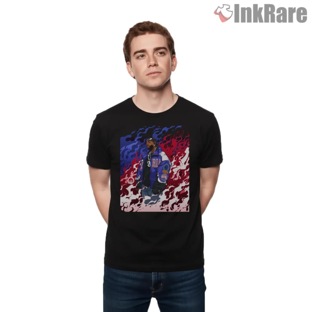 Kdot Fiery Jacket Street Pose Illustration Shirt on black short sleeve shirt for men graphic tee