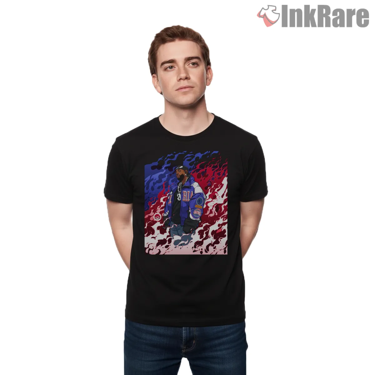 Kdot Fiery Jacket Street Pose Illustration Short Sleeve Black Kdot Fiery Jacket Street Pose Illustration Shirt on black short sleeve shirt for men graphic tee