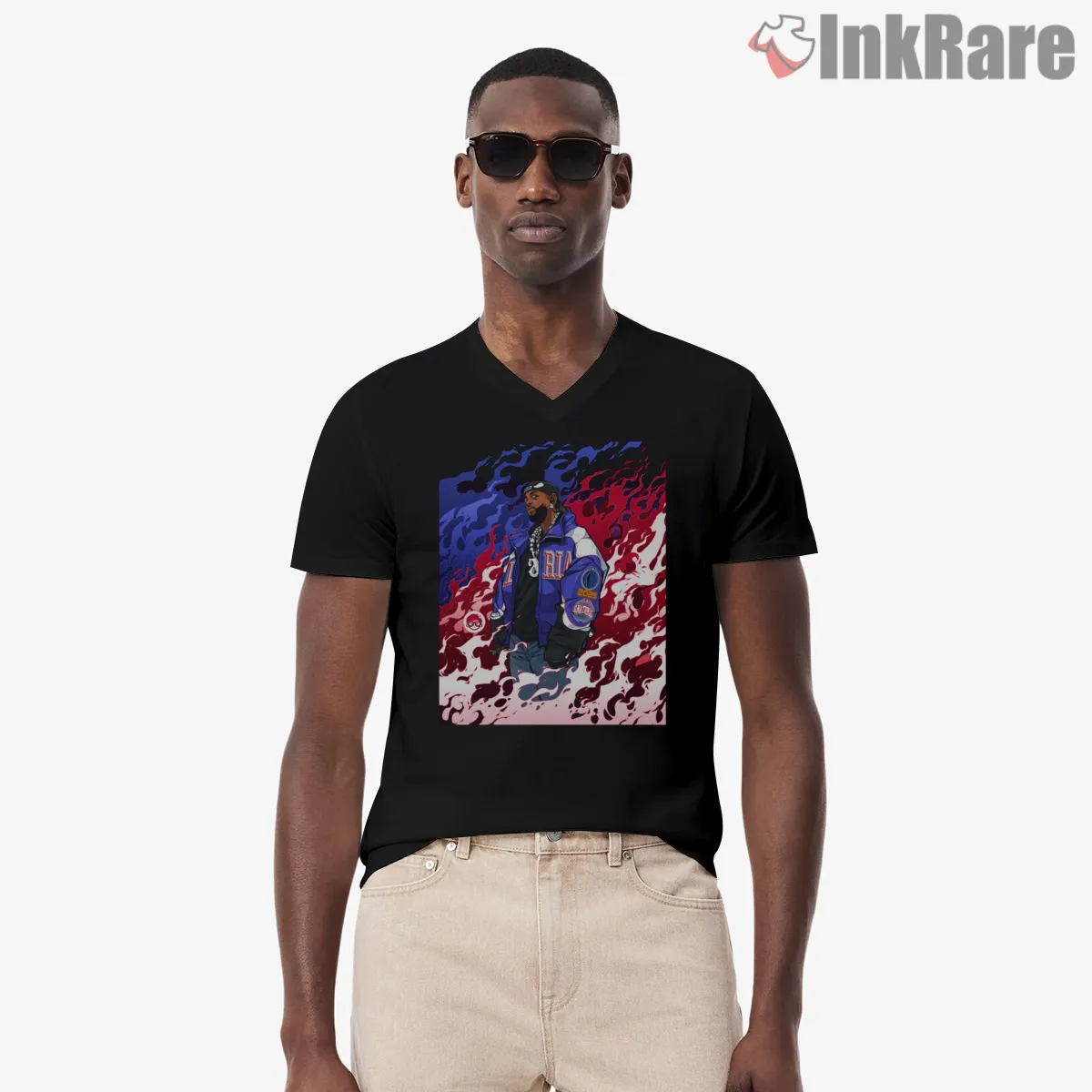 Kdot Fiery Jacket Street Pose Illustration V Neck Black Kdot Fiery Jacket Street Pose Illustration Shirt on black v-neck shirt for men graphic tee