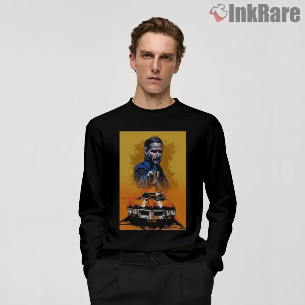 Keanu Reeves Action Car Standoff Shirt on black long sleeve shirt for men graphic tee