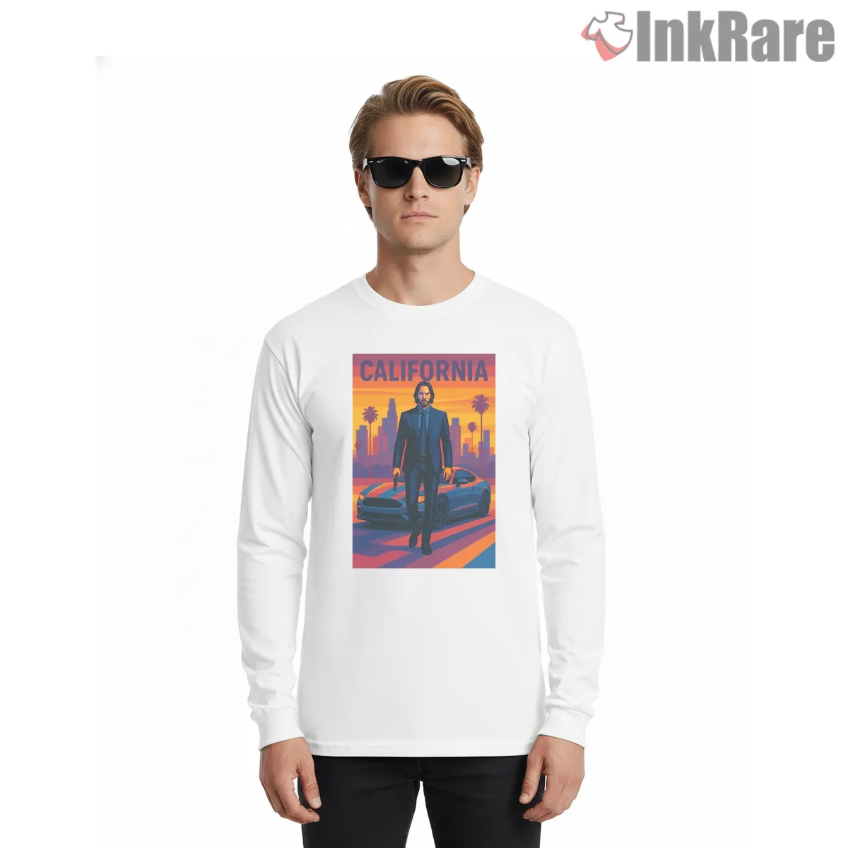 Keanu Reeves California Sunset Driver Shirt on white long sleeve shirt for men graphic tee