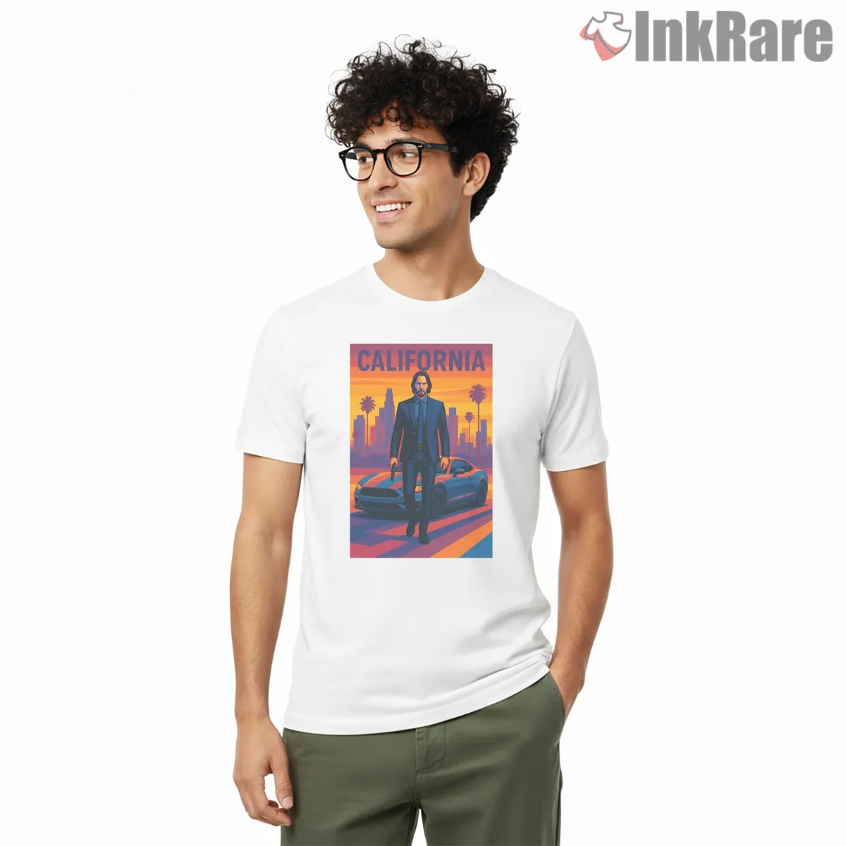 Keanu Reeves California Sunset Driver Short Sleeve White Keanu Reeves California Sunset Driver Shirt on white short sleeve shirt for men graphic tee