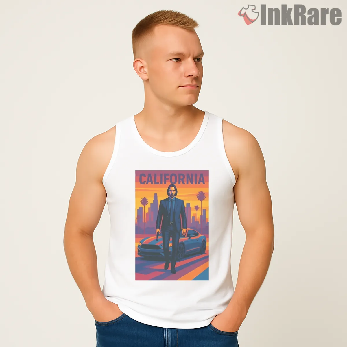 Keanu Reeves California Sunset Driver Tank Top White Keanu Reeves California Sunset Driver Shirt on white tank top for men graphic tee