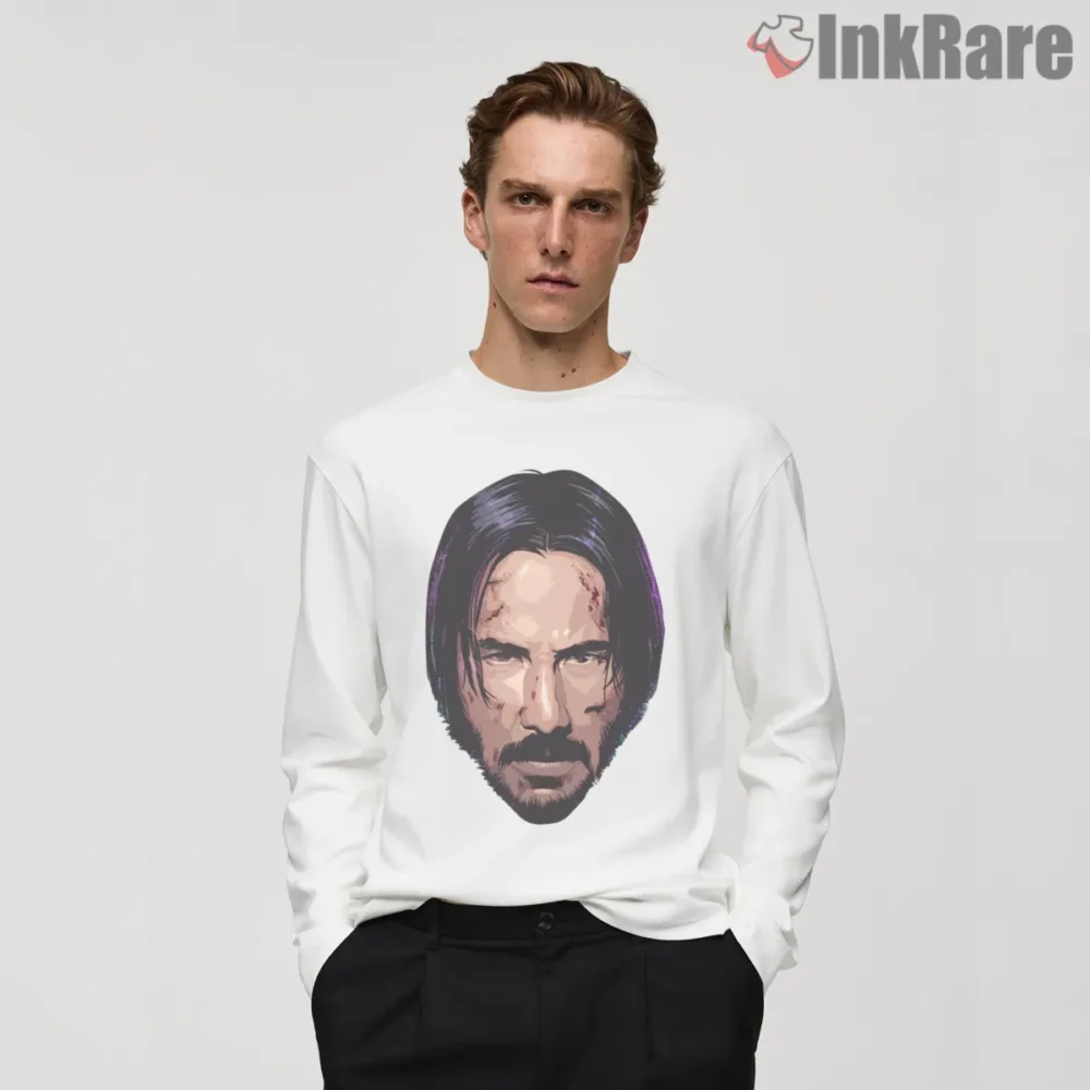 Keanu Reeves Geometric Paint Headshot Shirt on white long sleeve shirt for men graphic tee