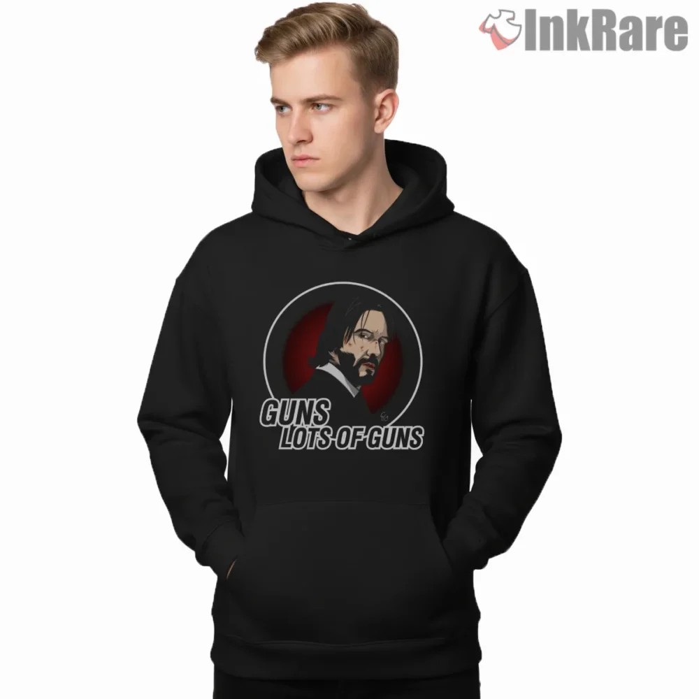 Keanu Reeves Guns Lots Of Guns Shirt on black hoodie for men graphic tee