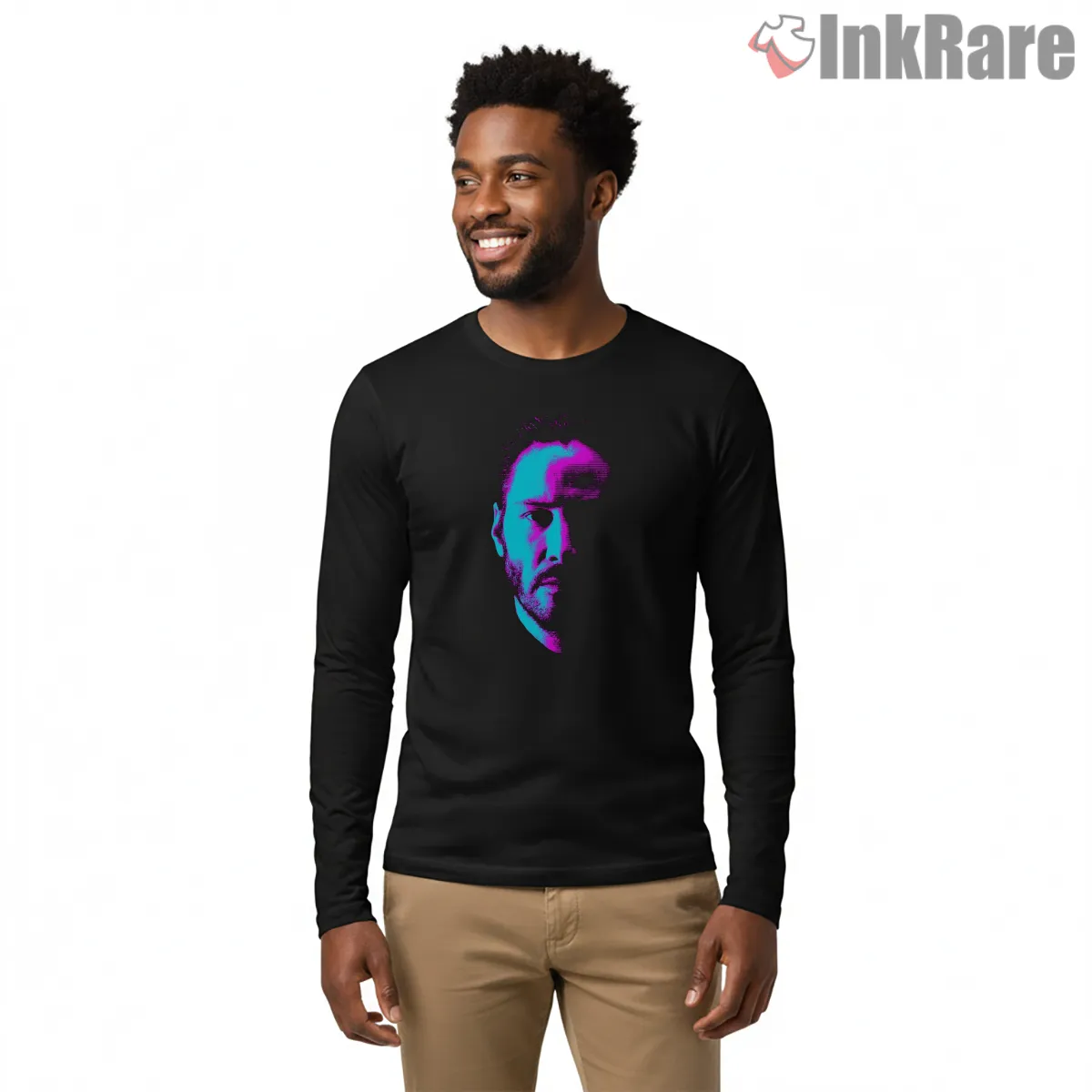 Keanu Reeves Neon Split Face Portrait Shirt on black long sleeve shirt for men graphic tee