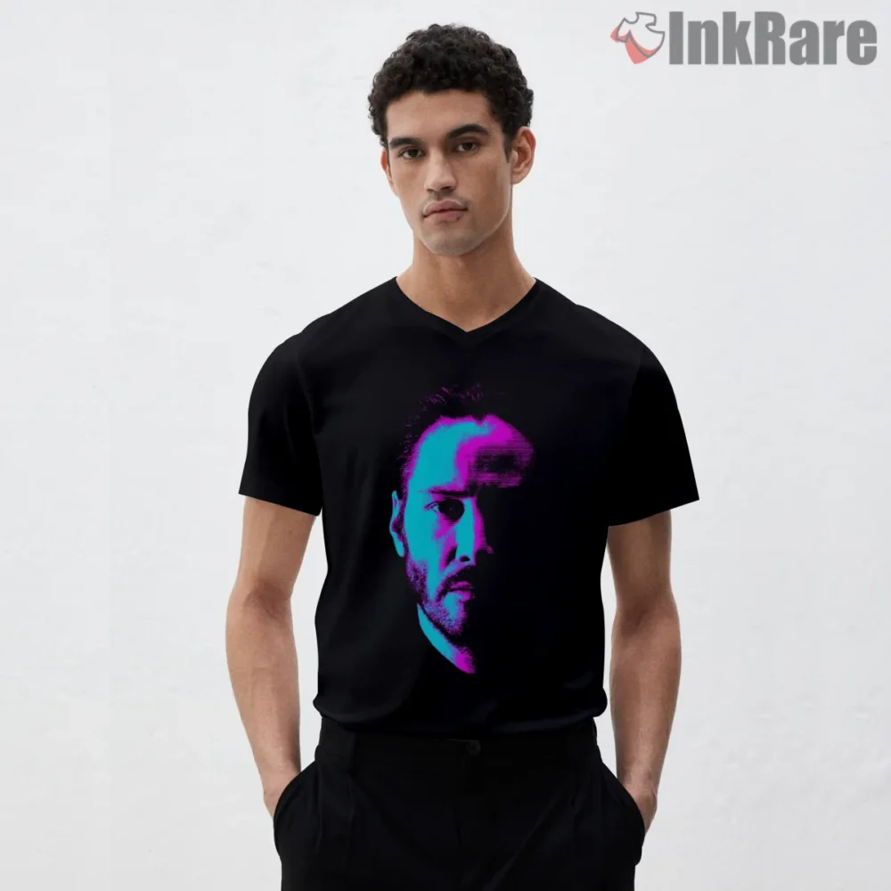 Keanu Reeves Neon Split Face Portrait Shirt on black v-neck shirt for men graphic tee