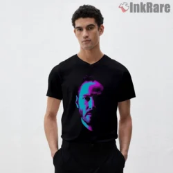 Keanu Reeves Neon Split Face Portrait Shirt on black v-neck shirt for men graphic tee