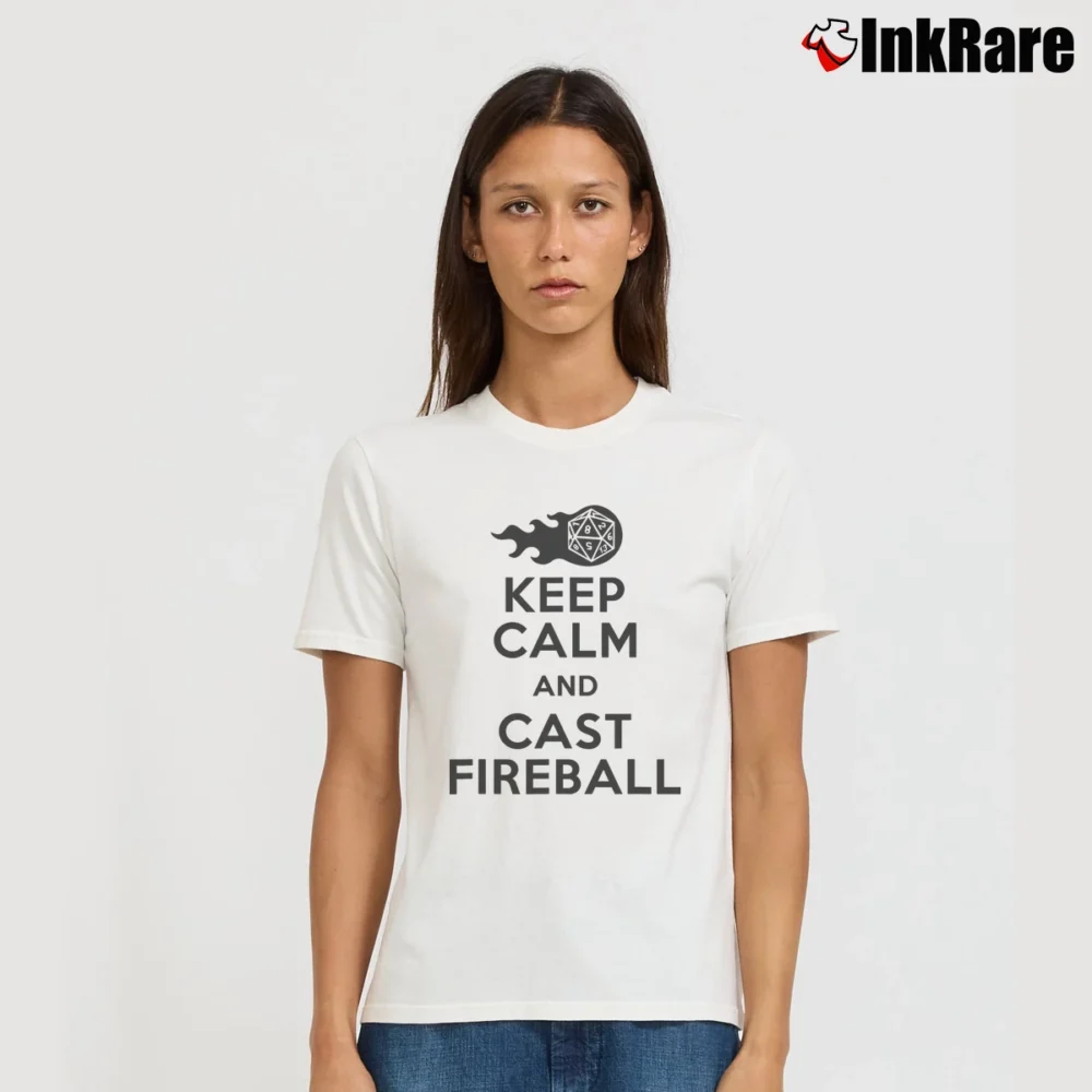 Women’s Keep Calm And Cast Fireball RPG Fan Signature T-Shirt in white | Soft, Flattering Fit