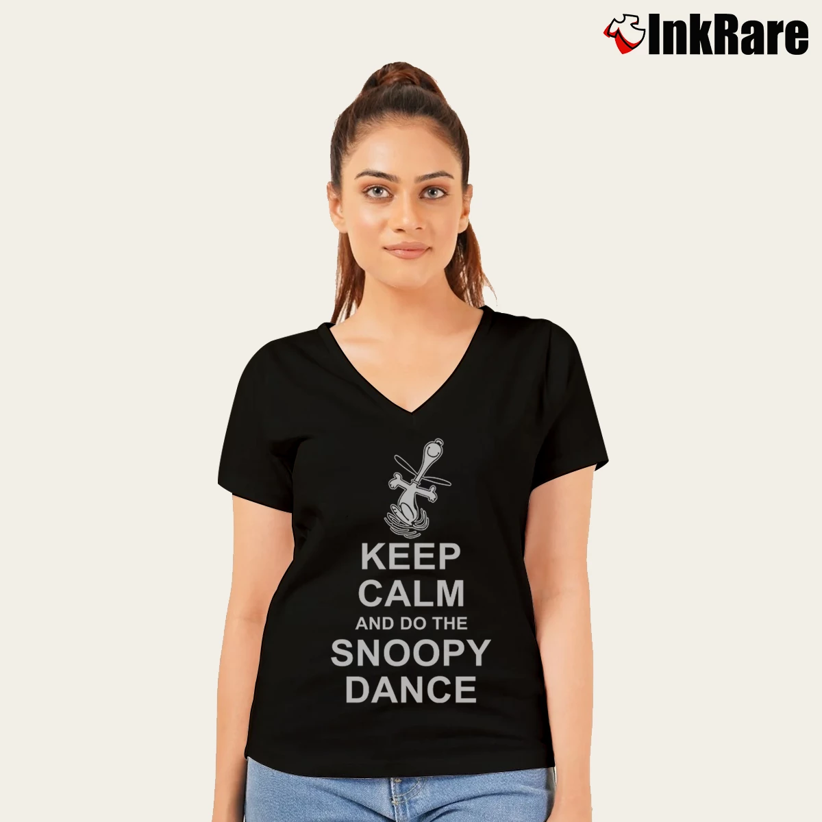Keep Calm And Do The Snoopy Dance Women’s V-Neck Tee in black – Flattering Fit Women’s Keep Calm And Do The Snoopy Dance V-Neck Tee in black | Chic Neckline, Soft Texture