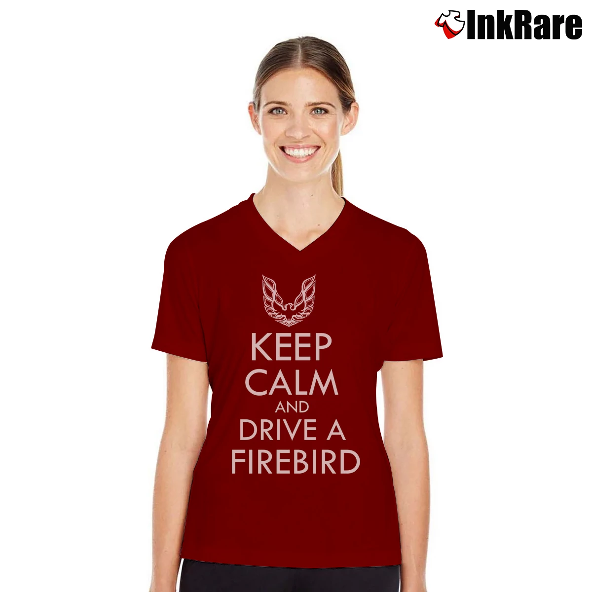 Women’s Keep Calm and Drive a Firebird Funny V-Neck Tee in maroon | Chic Neckline, Soft Texture