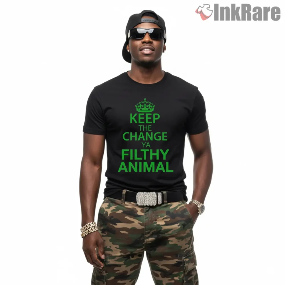 Keep The Change Ya Filthy Animal Neon Green Shirt on black short sleeve shirt for men graphic tee