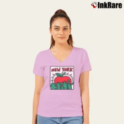 Women’s Keith Haring Uniqlo Sprz Ny Art V-Neck Tee in light pink | Chic Neckline, Soft Texture