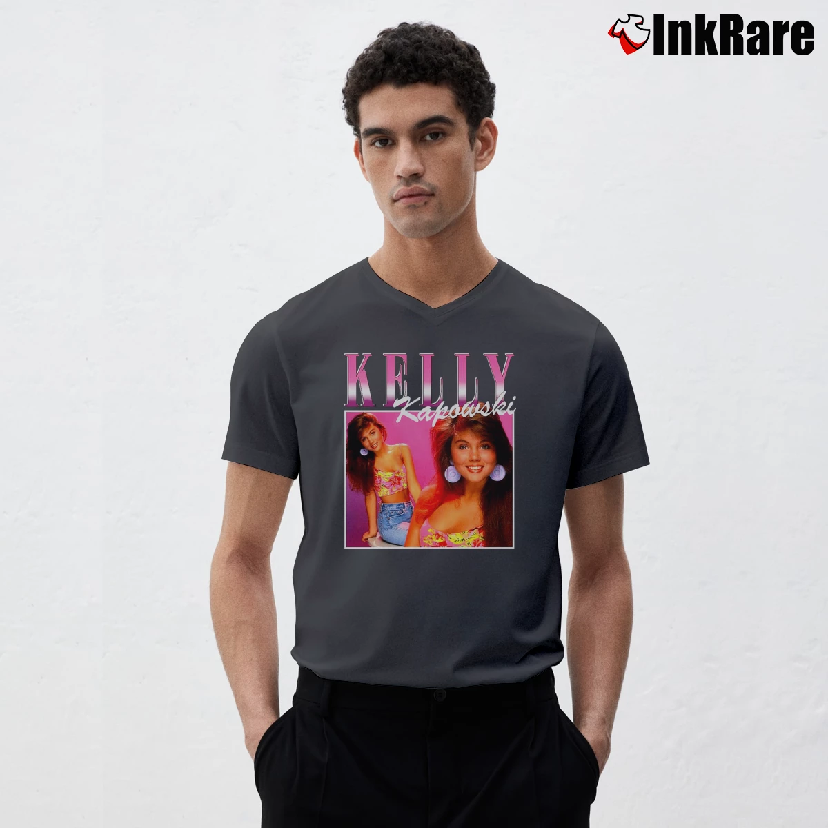 Men’s Kelly Kapowski Saved By The Bell Gift V-Neck Tee in charcoal | Sharp, Breathable, Everyday Staple