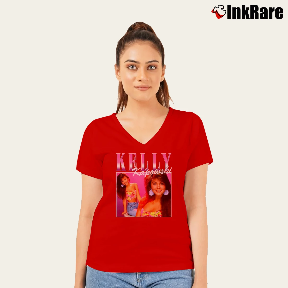 Women’s Kelly Kapowski Saved By The Bell Gift V-Neck Tee in red | Chic Neckline, Soft Texture