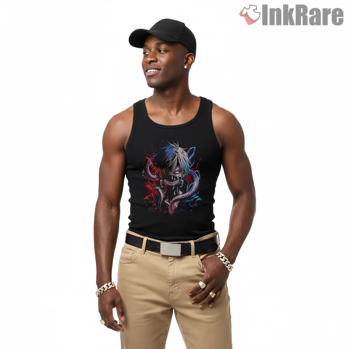 Ken Kaneki Glitch Dual Form Cyber Anime Shirt on black tank top for men graphic tee