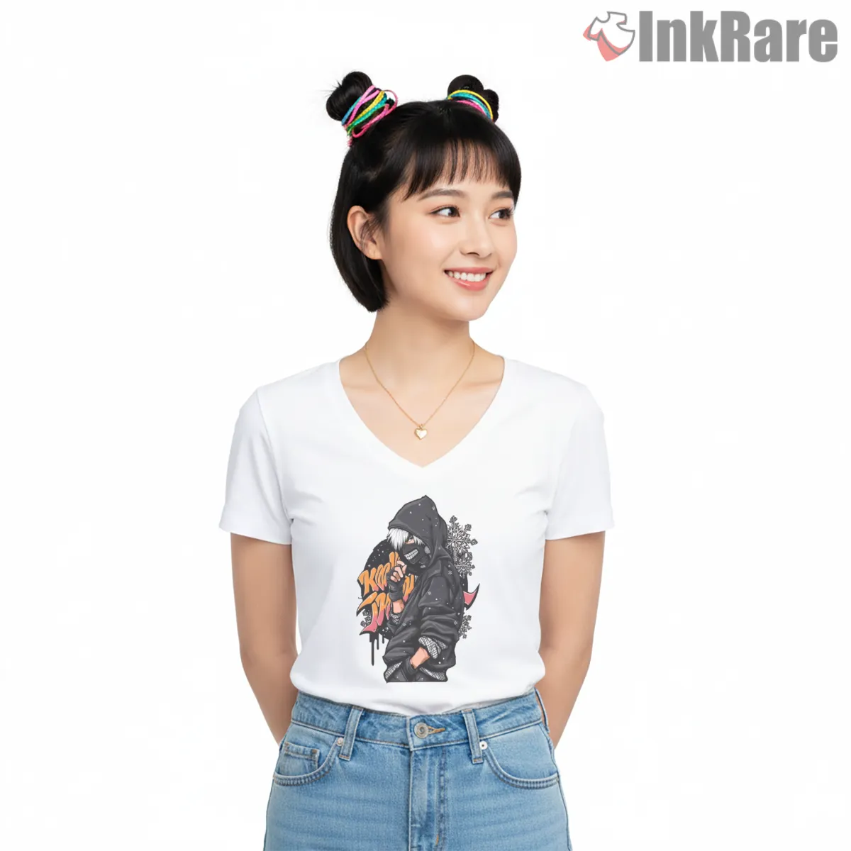 Ken Kaneki Winter Streetwear Anime Hoodie Style Shirt on white v-neck shirt for women graphic tee