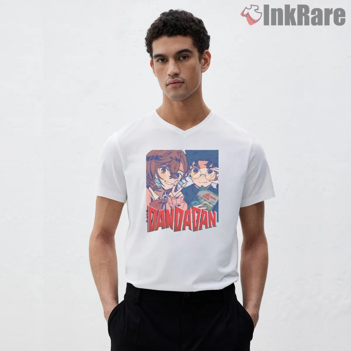 Ken Takakura And Momo Ayase Retro Anime Poster V Neck White Ken Takakura And Momo Ayase Retro Anime Poster Shirt on white v-neck shirt for men graphic tee