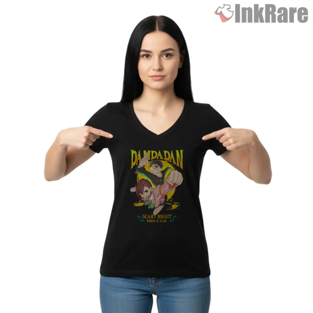 Ken Takakura And Momo Ayase Scary Night Anime Shirt on black v-neck shirt for women graphic tee