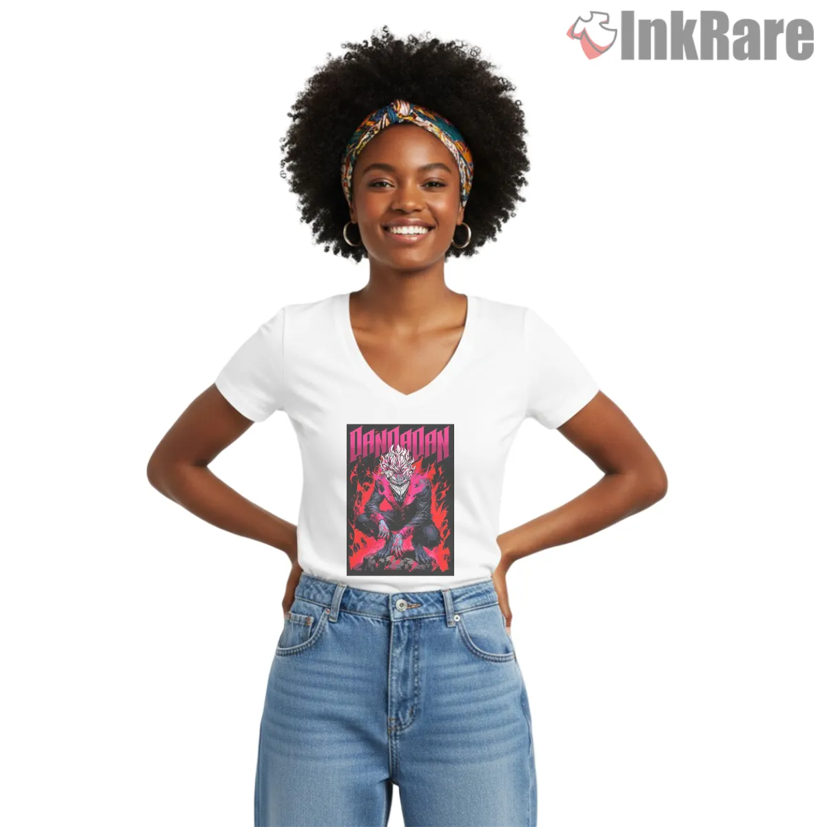 Ken Takakura Dark Transformation Dandadan Anime V Neck White Ken Takakura Dark Transformation Dandadan Anime Shirt on white v-neck shirt for women graphic tee