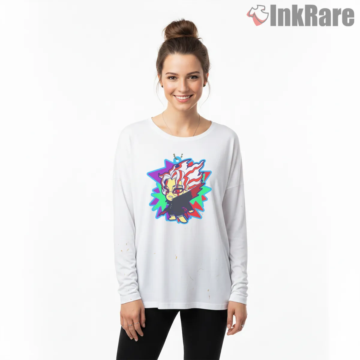 Ken Takakura Neon Chibi Anime Portrait Long Sleeve White Ken Takakura Neon Chibi Anime Portrait Shirt on white long sleeve shirt for women graphic tee