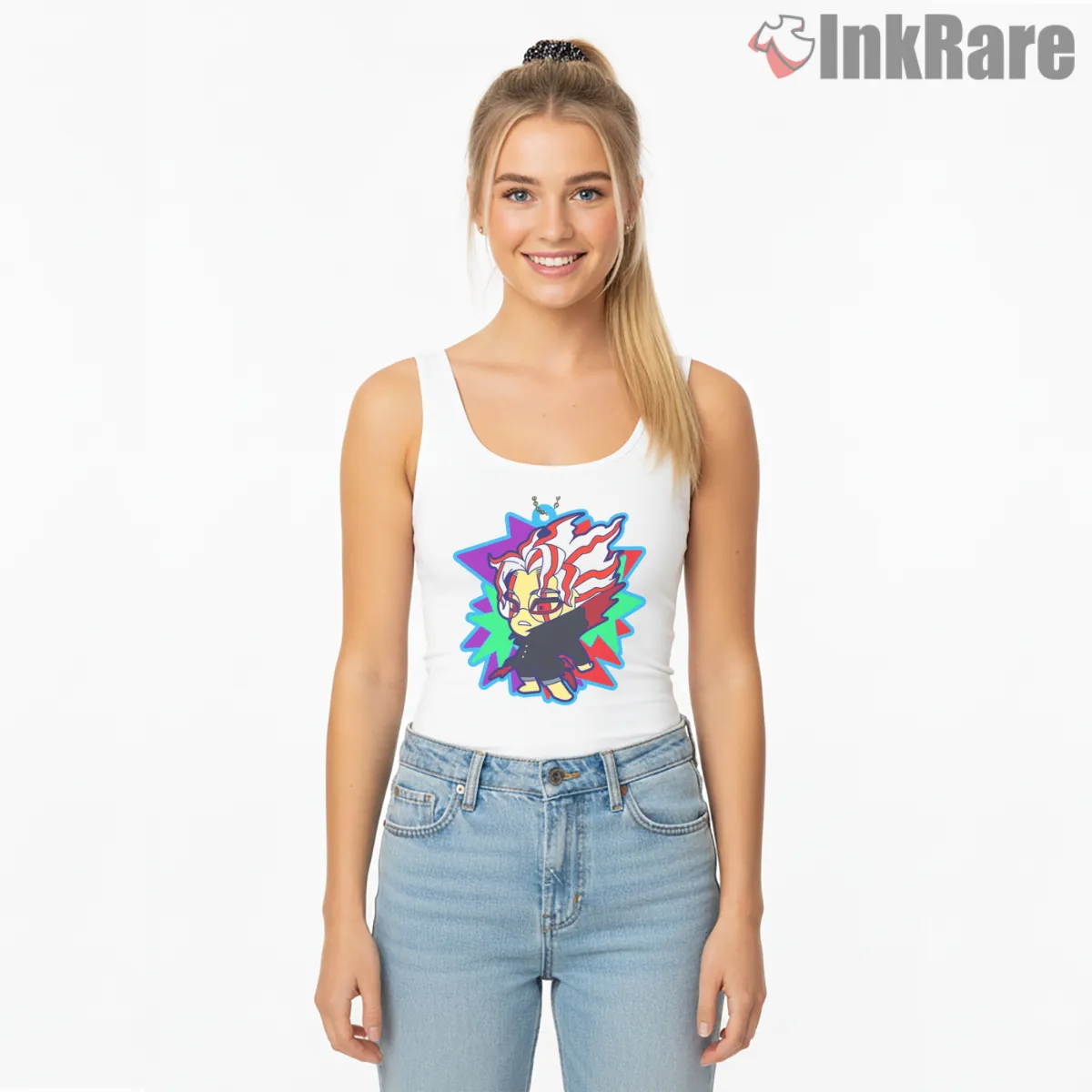 Ken Takakura Neon Chibi Anime Portrait Tank Top White Ken Takakura Neon Chibi Anime Portrait Shirt on white tank top for women graphic tee
