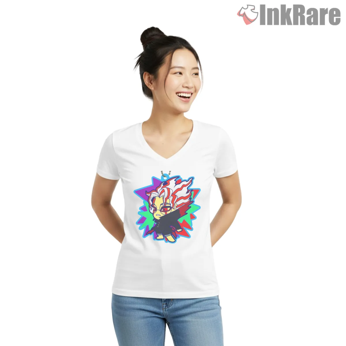 Ken Takakura Neon Chibi Anime Portrait V Neck White Ken Takakura Neon Chibi Anime Portrait Shirt on white v-neck shirt for women graphic tee