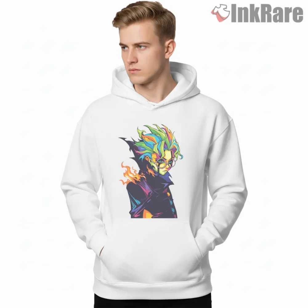 Ken Takakura Neon Psychedelic Portrait Dandadan Shirt on white hoodie for men graphic tee