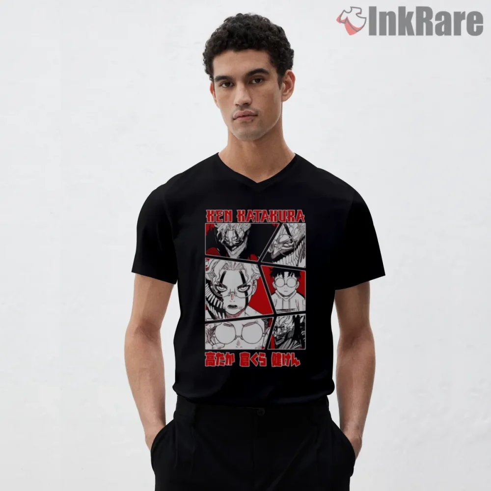 Ken Takakura Okarun Manga Panel Collage Shirt on black v-neck shirt for men graphic tee