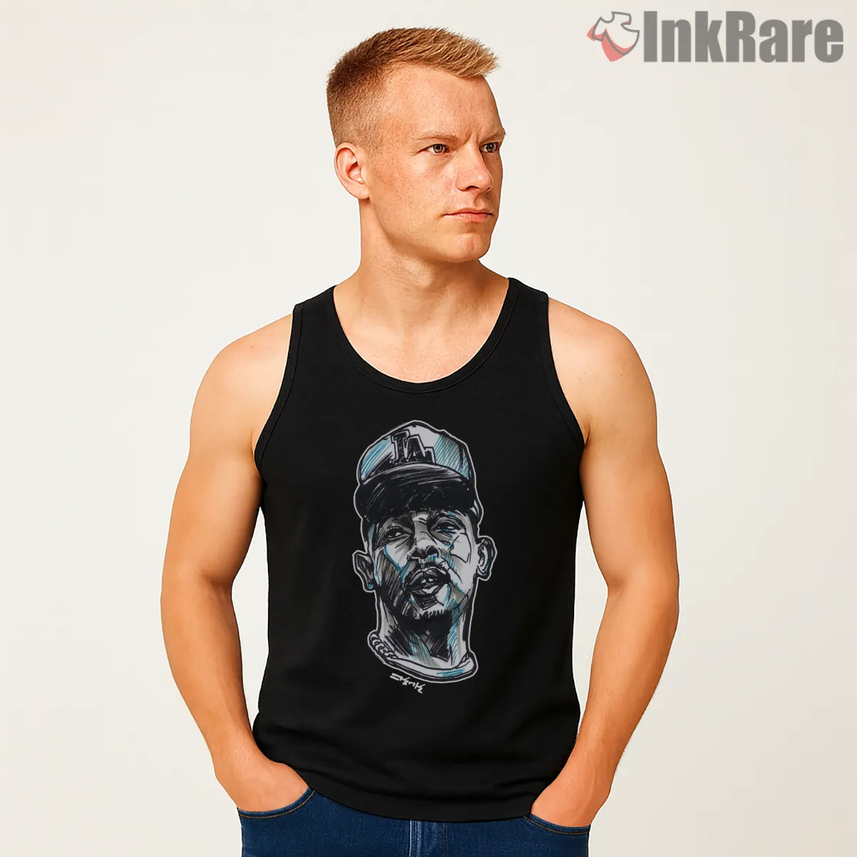 Kendrick Lamar Alright Era La Cap Sketch Tank Top Black Kendrick Lamar Alright Era La Cap Sketch Shirt on black tank top for men graphic tee