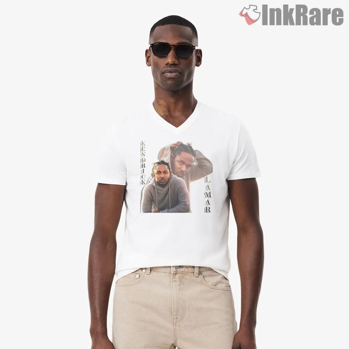 Kendrick Lamar American Rapper Double Portrait V Neck White Kendrick Lamar American Rapper Double Portrait Shirt on white v-neck shirt for men graphic tee
