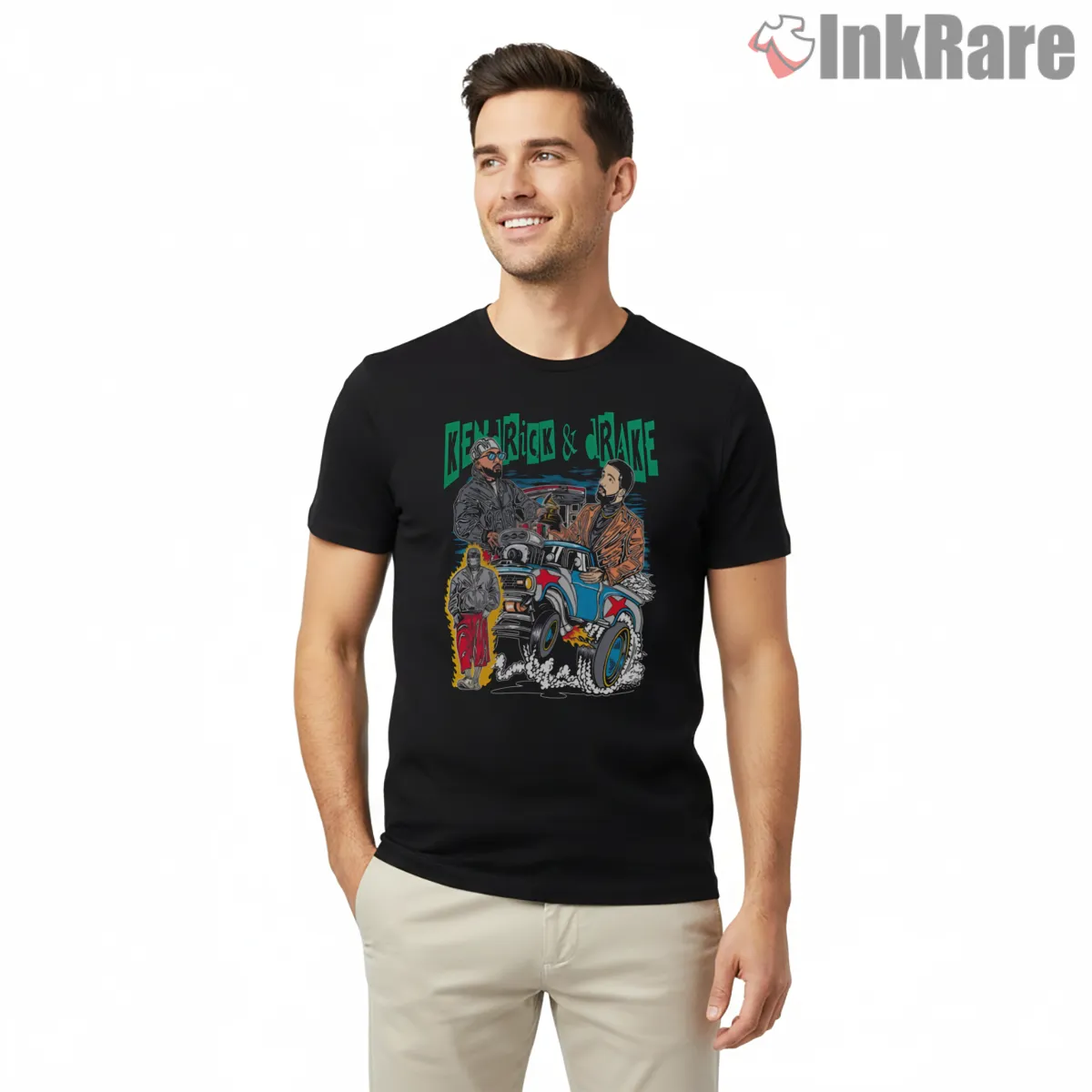 Kendrick Lamar And Drake Classic Car Showdown Short Sleeve Black Kendrick Lamar And Drake Classic Car Showdown Shirt on black short sleeve shirt for men graphic tee